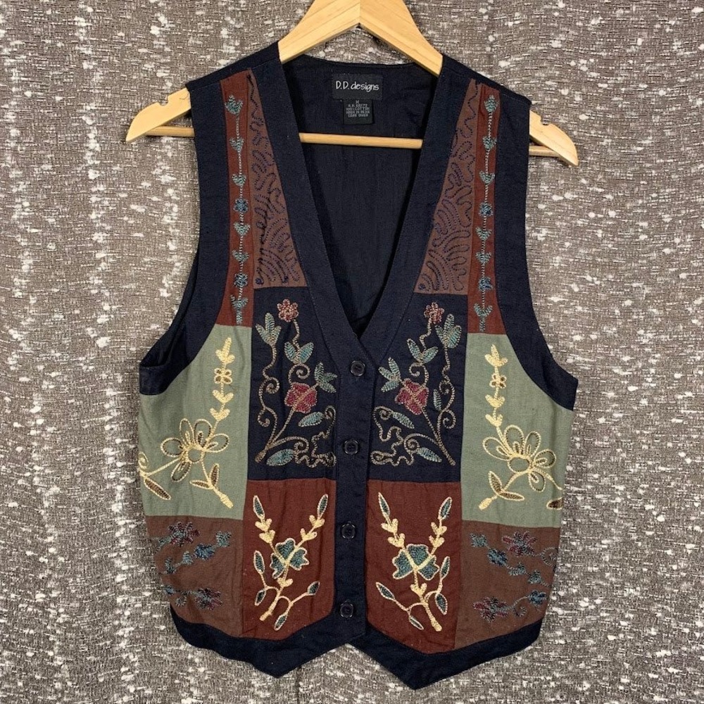 DD Designs Women Patchwork Floral Embroidered Beaded Cotton Vest Navy Brown M